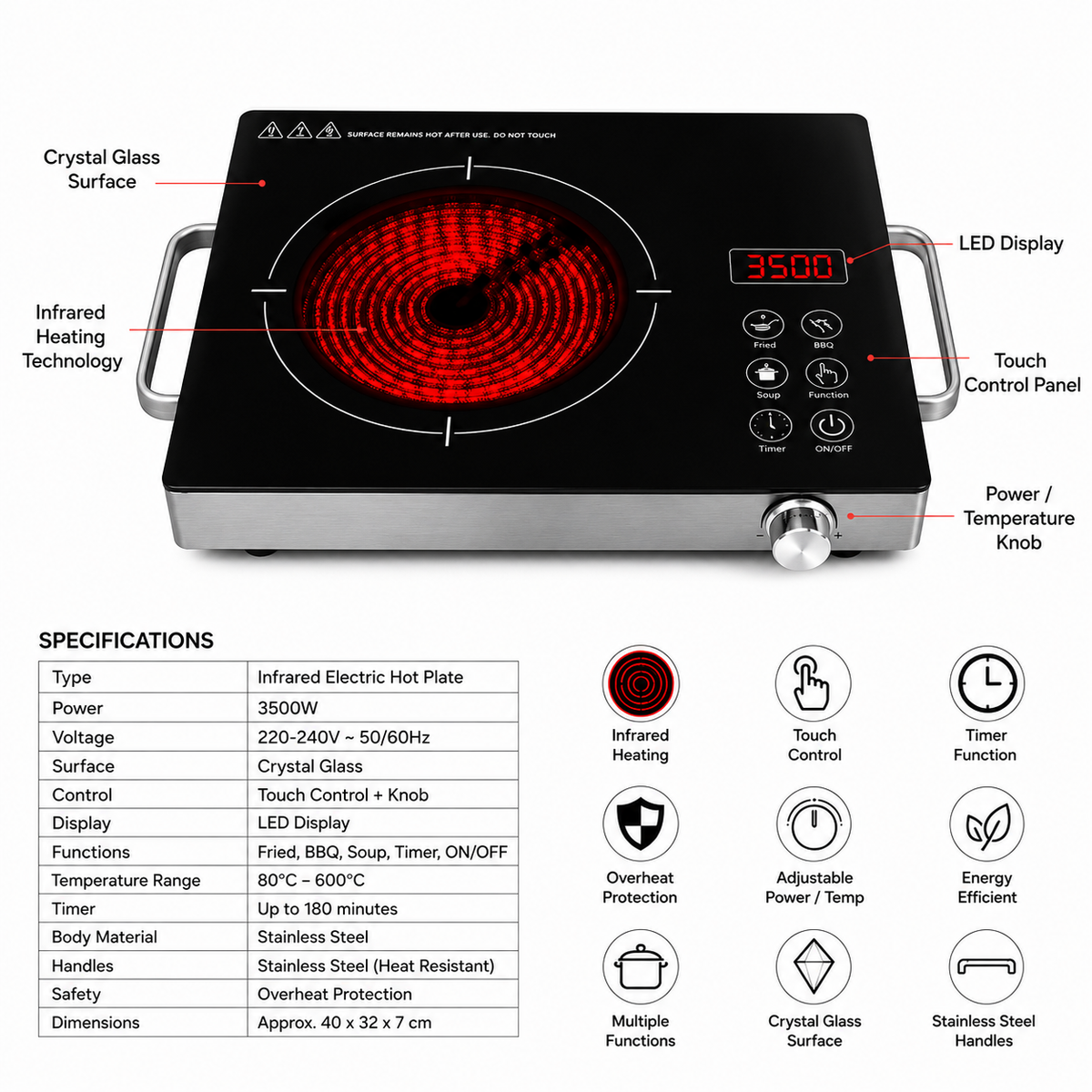 3500W Infrared Hot Plate – Crystal Glass Electric Cooker