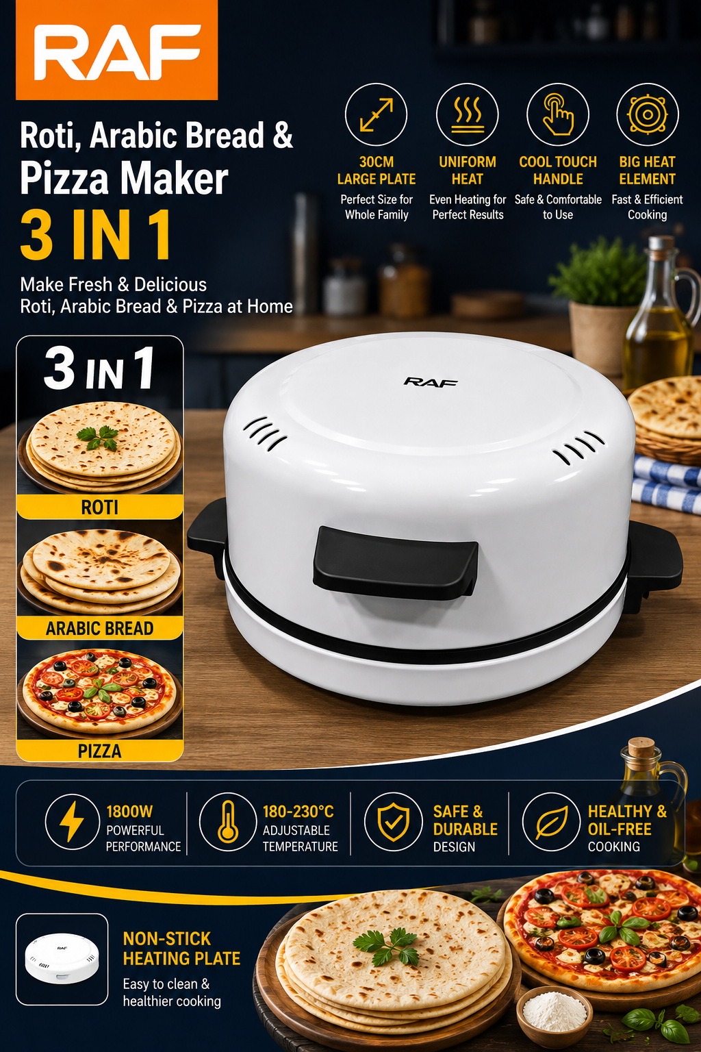 RAF 3-in-1 Roti, Arabic Bread & Pizza Maker – 1800W