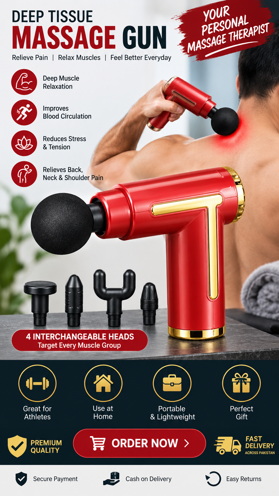 Professional Deep Tissue Massage Gun – 4 Interchangeable Heads | Muscle Recovery & Pain Relief  💰 Short Selling Title
