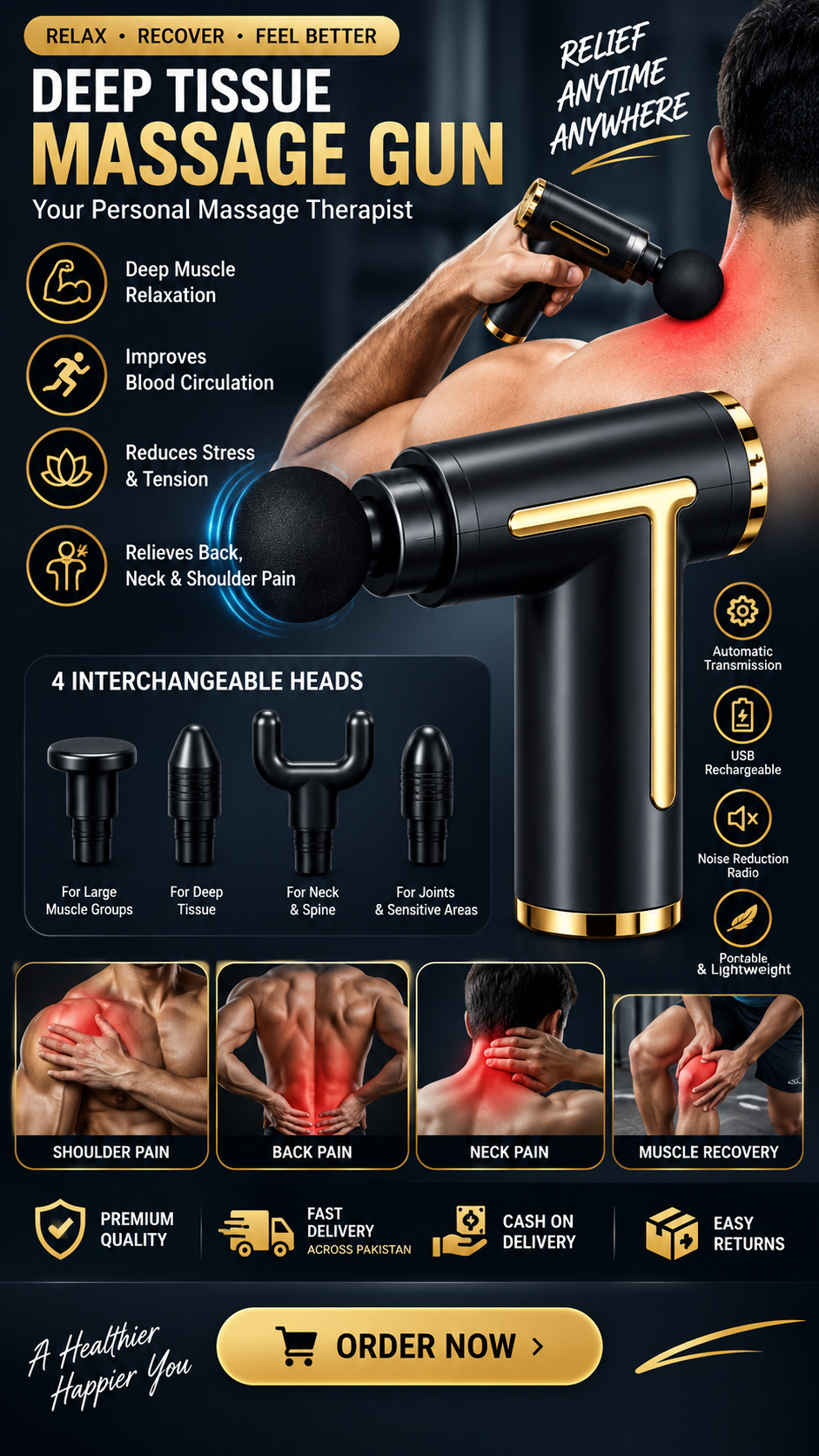 Professional Deep Tissue Massage Gun – 4 Interchangeable Heads | Muscle Recovery & Pain Relief  💰 Short Selling Title