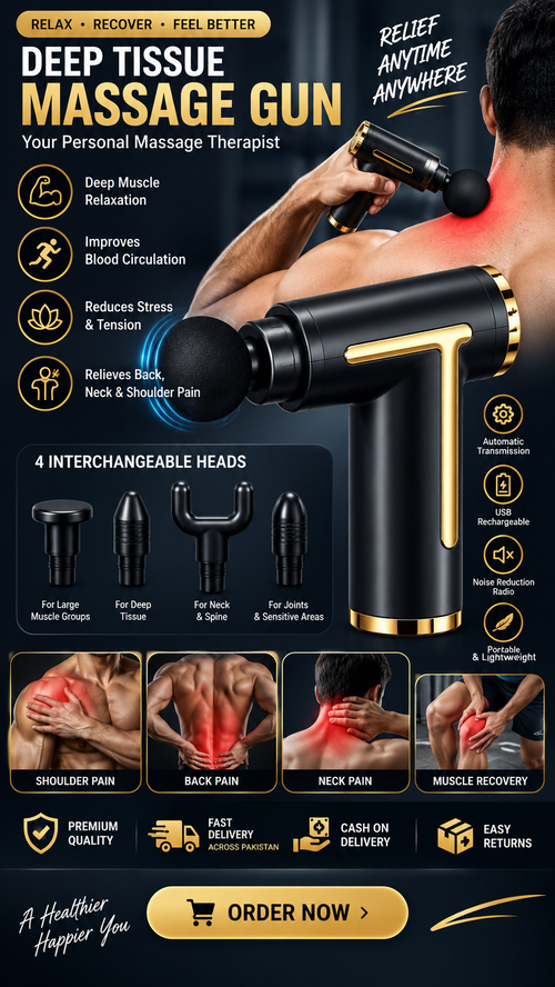 Professional Deep Tissue Massage Gun – 4 Interchangeable Heads | Muscle Recovery & Pain Relief  💰 Short Selling Title