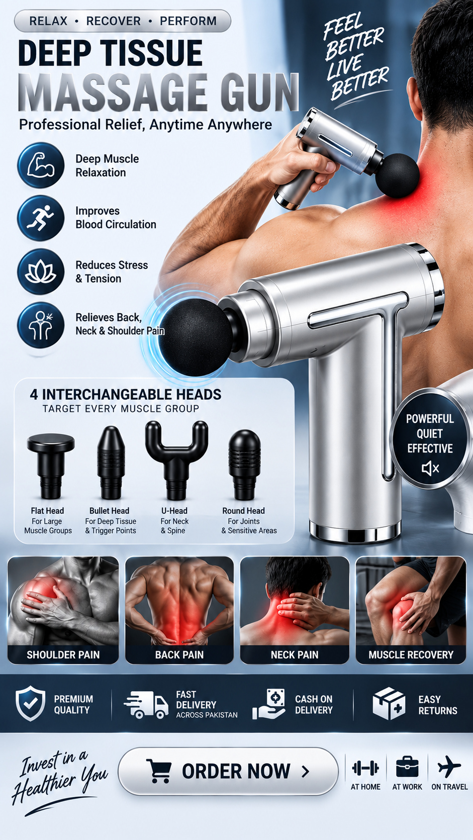 Professional Deep Tissue Massage Gun – 4 Interchangeable Heads | Muscle Recovery & Pain Relief  💰 Short Selling Title